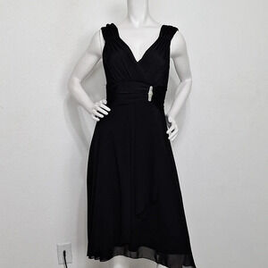 I.N. Studio Classic Black V-Neck Crossover Ruched Brooch Romantic Midi Dress *6